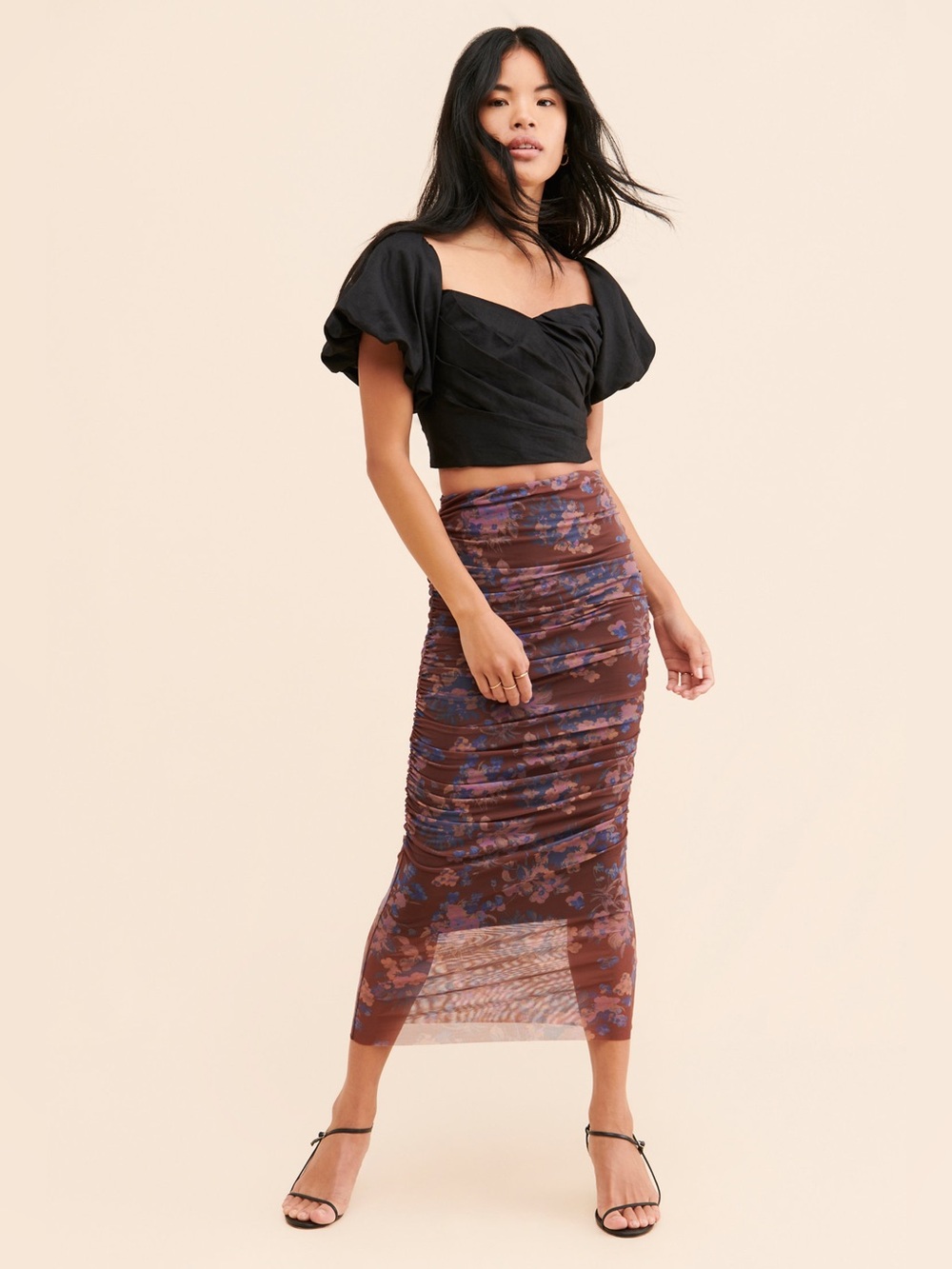 Anthropologie Floral Ruched Mesh Midi Skirt Brown Purple M Autumn Y2K Party Chic - Picture 9 of 13